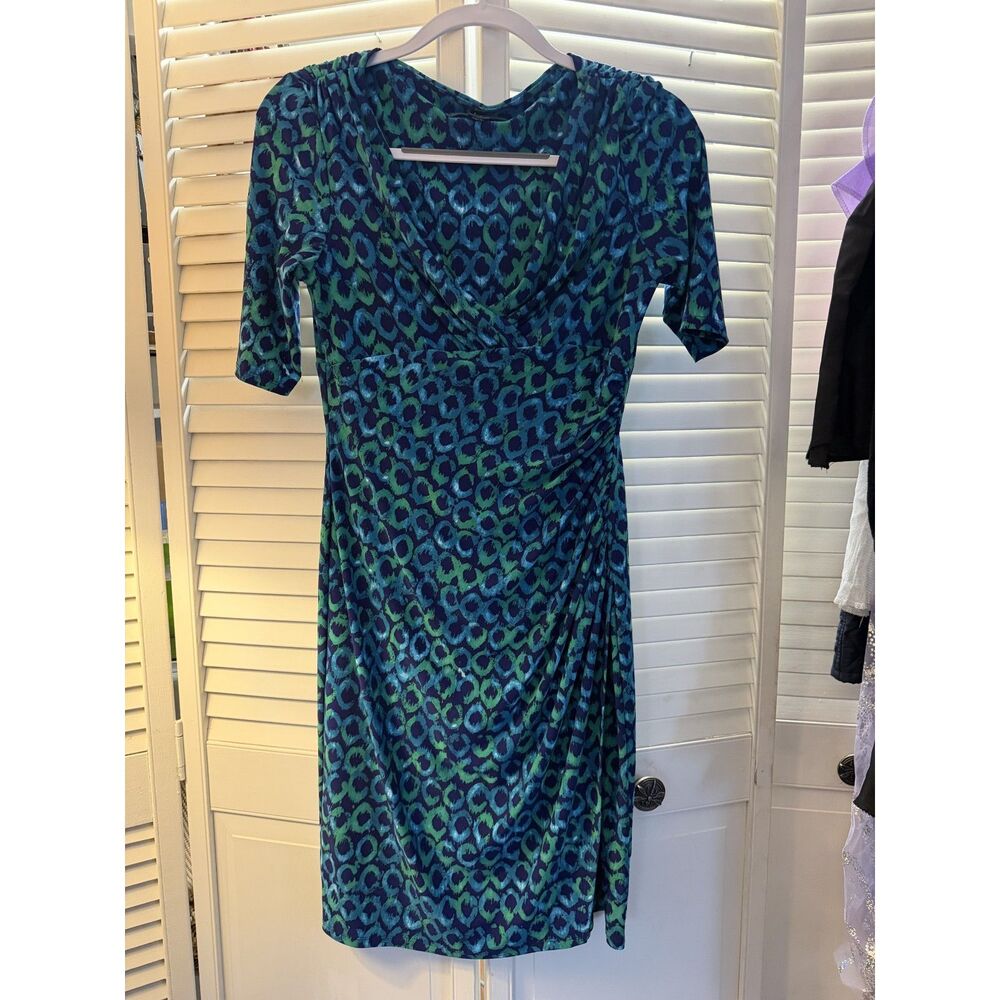 RALPH LAUREN JERSEY Blue Green Print DRESS SIZE 6 Cocktail Batik Moc Wrap Empire